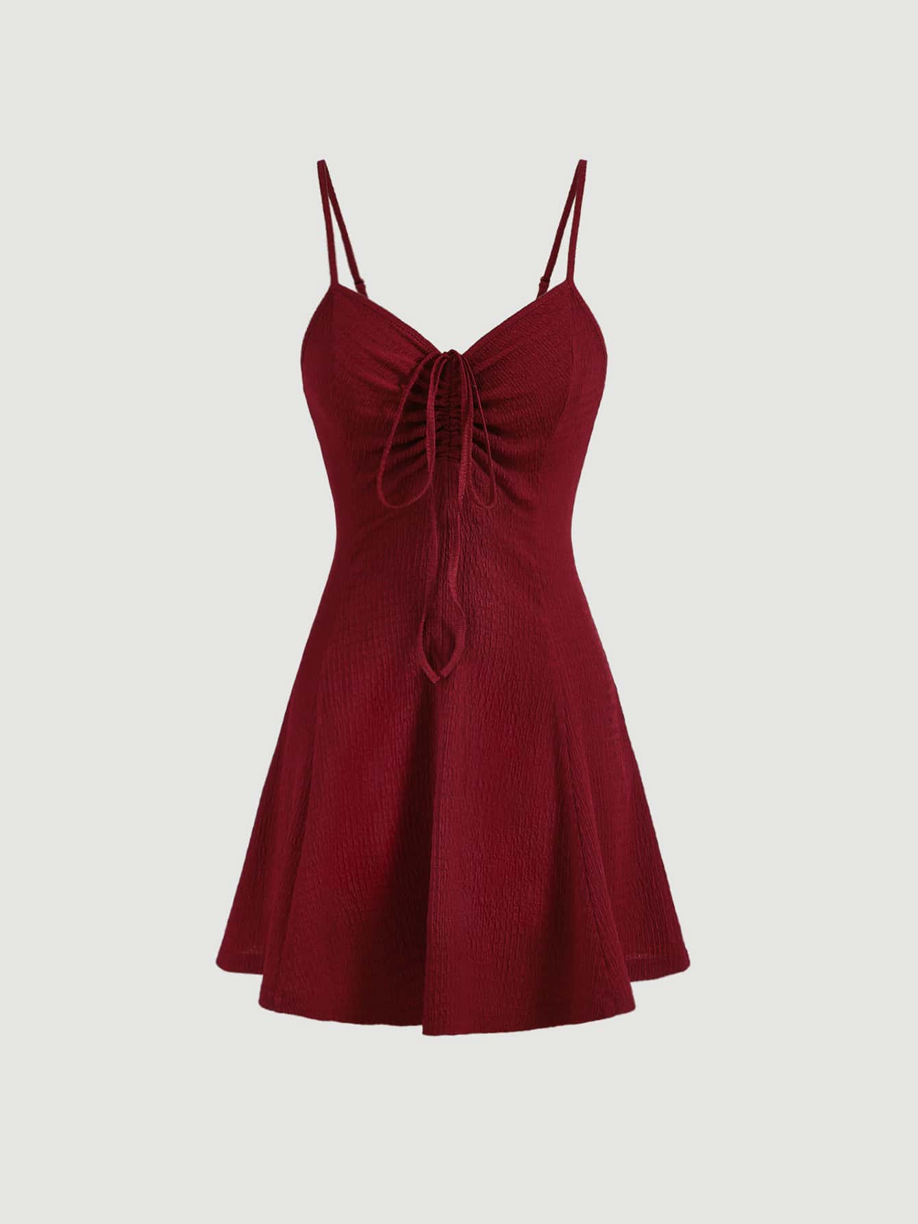 SHEIN MOD 素色前抽繩吊帶連衣裙 - 酒紅色 - 查看 1