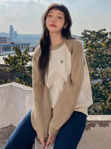 DAZY 雙色插肩袖刺繡細節套頭毛衣 - 杏色 - 查看 9