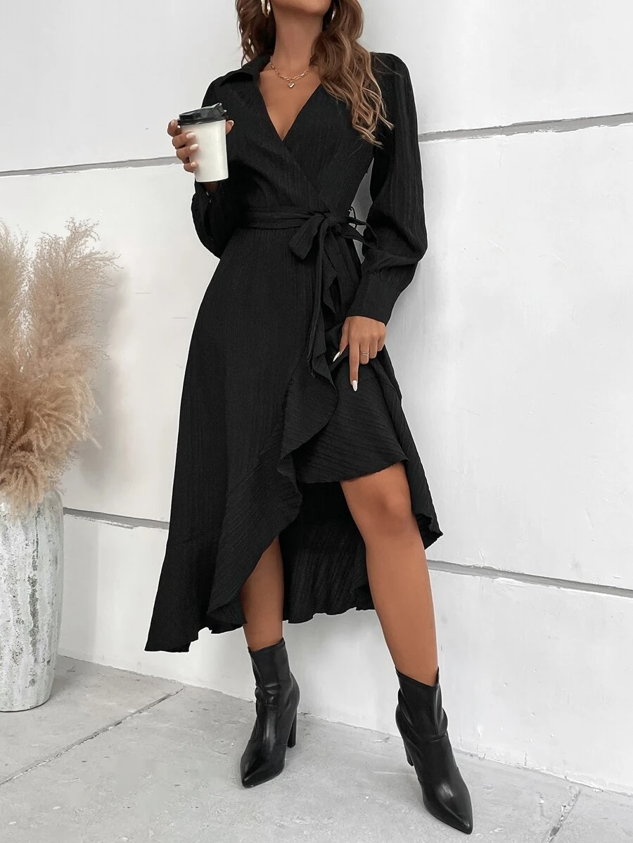 SHEIN Frenchy Vestido con cinturón ribete con fruncido cruzado - Negro - Ver 1