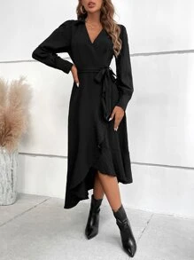 SHEIN Frenchy Vestido con cinturón ribete con fruncido cruzado - Negro - Ver 4