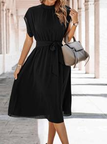 SHEIN Clasi Batwing Sleeve Belted Dress - Black - View 3