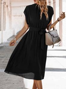 SHEIN Clasi Batwing Sleeve Belted Dress - Black - View 1