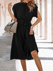 SHEIN Clasi Batwing Sleeve Belted Dress - Black - View 4