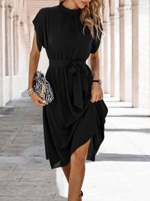 SHEIN Clasi Batwing Sleeve Belted Dress - Black - View 5