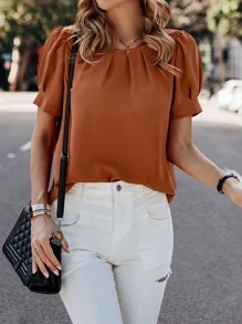 SHEIN LUNE Solid Puff Sleeve Blouse - Burnt Orange - View 3