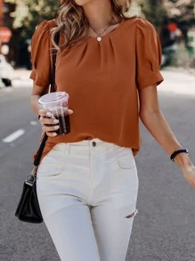 SHEIN LUNE Solid Puff Sleeve Blouse - Burnt Orange - View 5