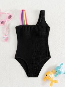 Tween Girl Rainbow Strap Shirred One Piece Swimsuit - Black - View 1