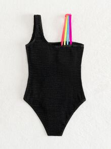 Tween Girl Rainbow Strap Shirred One Piece Swimsuit - Black - View 2