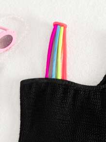 Tween Girl Rainbow Strap Shirred One Piece Swimsuit - Black - View 3