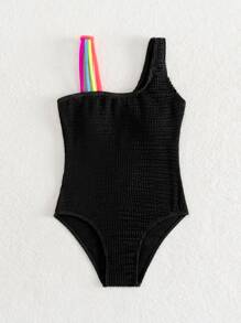 Tween Girl Rainbow Strap Shirred One Piece Swimsuit - Black - View 5