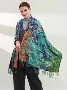 Pañuelo con patrón de pintura al óleo bajo con fleco - Multicolor - Ver 1