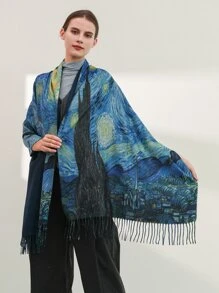 Painting Print Fringe Hem Scarf - Blue - View 1