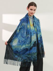Painting Print Fringe Hem Scarf - Blue - View 3