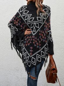 SHEIN LUNE Poncho con patrón geométrico ribete con fleco cuello alto tejido - Negro - Ver 5
