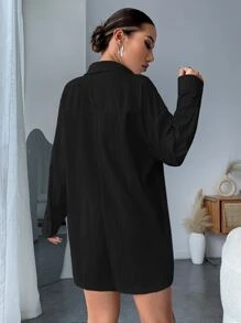 SHEIN EZwear 補丁貼口袋落肩袖襯衫連體短褲不附胸罩 - 黑色 - 查看 2