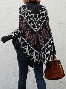 SHEIN LUNE Poncho con patrón geométrico ribete con fleco cuello alto tejido - Negro - Ver 2