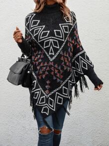 SHEIN LUNE Poncho con patrón geométrico ribete con fleco cuello alto tejido - Negro - Ver 1