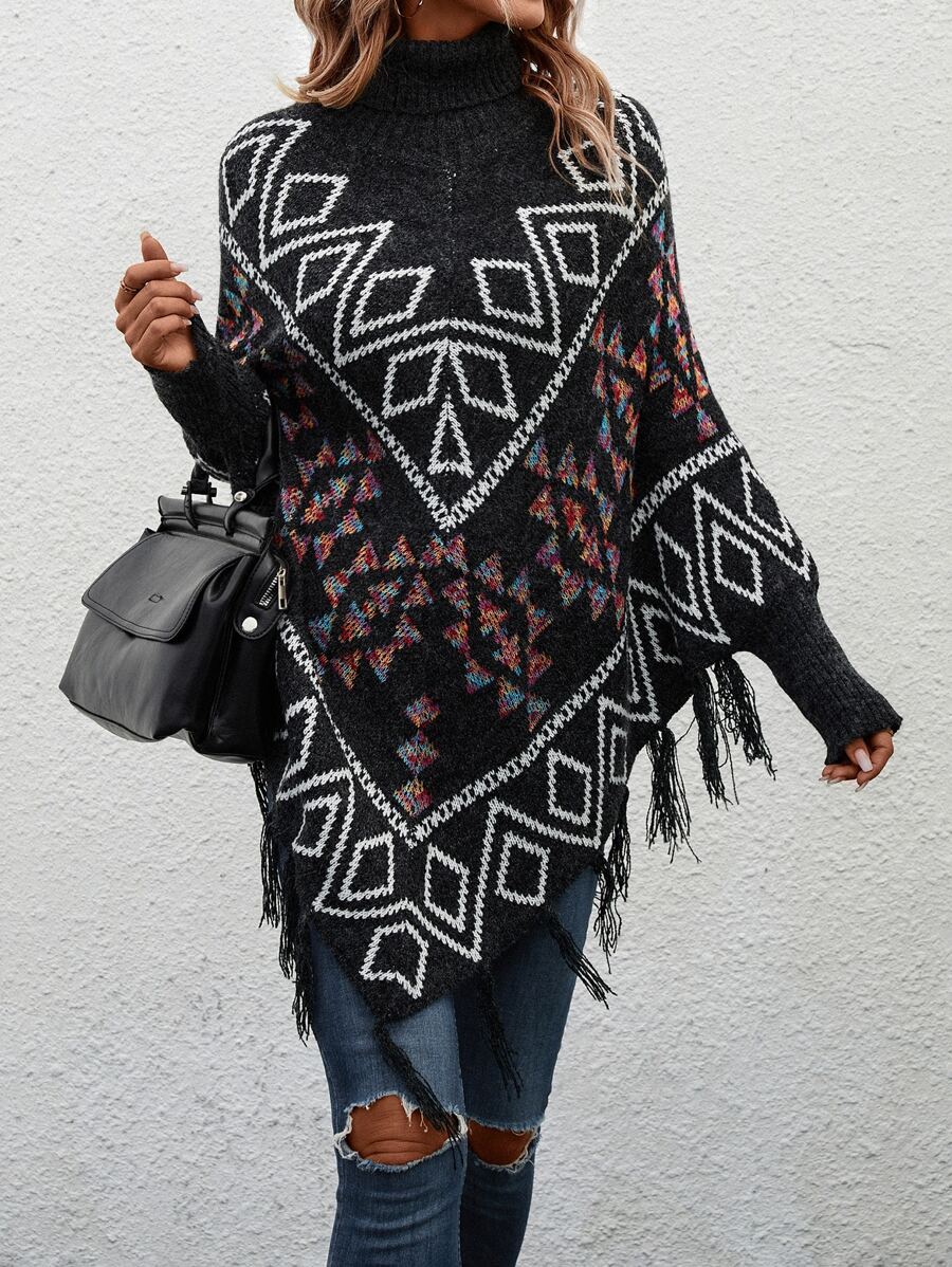 SHEIN LUNE Poncho con patrón geométrico ribete con fleco cuello alto tejido - Negro - Ver 1