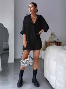 SHEIN EZwear 補丁貼口袋落肩袖襯衫連體短褲不附胸罩 - 黑色 - 查看 4