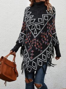 SHEIN LUNE Poncho con patrón geométrico ribete con fleco cuello alto tejido - Negro - Ver 4