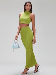 SHEIN BAE 高領短款背心和鉛筆裙 - 青檸色 - 查看 1