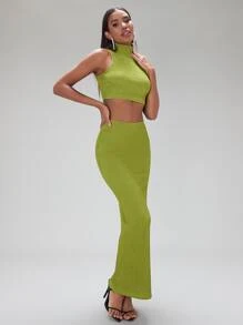 SHEIN BAE 高領短款背心和鉛筆裙 - 青檸色 - 查看 3