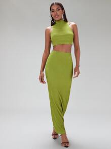 SHEIN BAE 高領短款背心和鉛筆裙 - 青檸色 - 查看 5