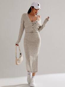 SHEIN EZwear 高衩吊帶洋裝和前紐扣夾克 - 卡其色 - 查看 1