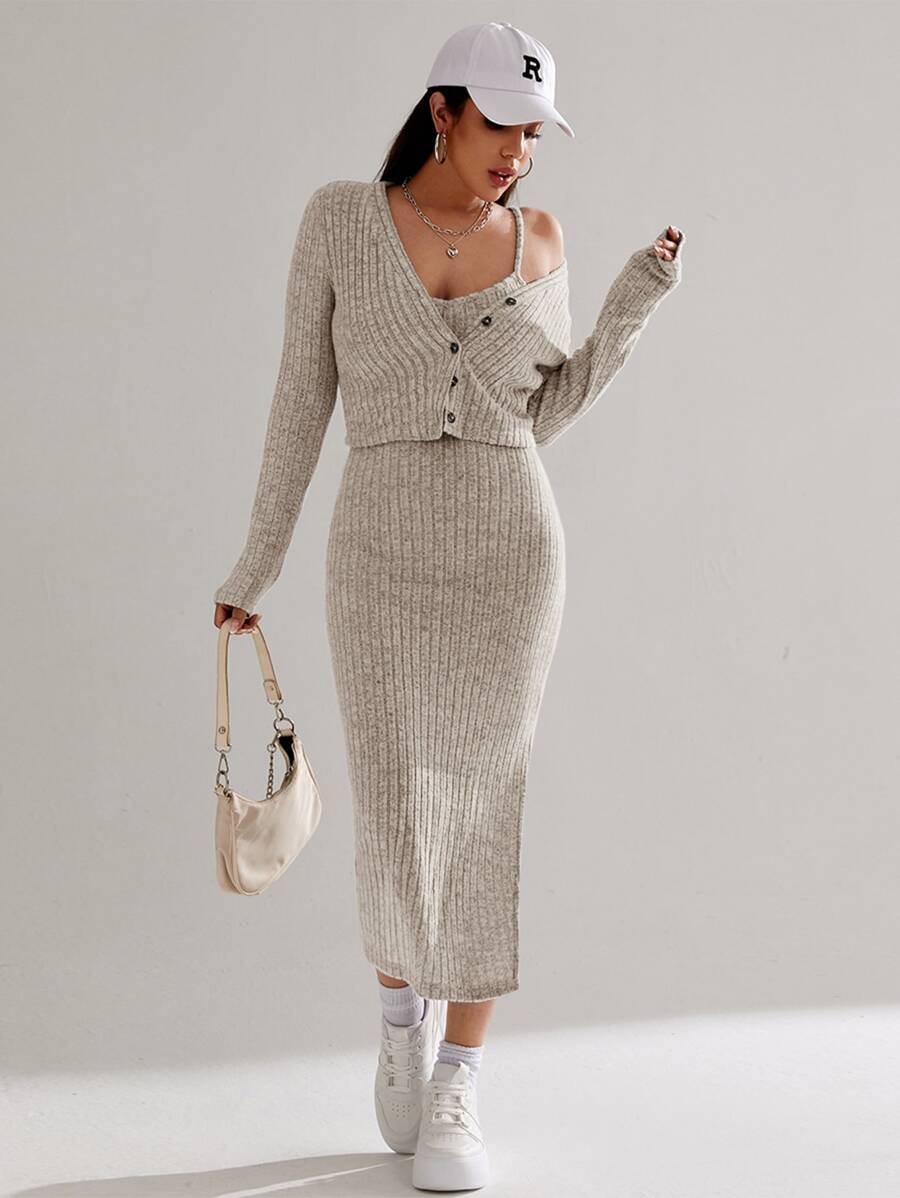 SHEIN EZwear 高衩吊帶洋裝和前紐扣夾克 - 卡其色 - 查看 1