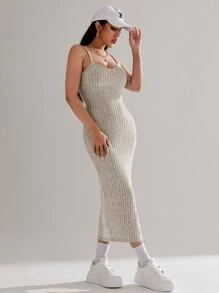 SHEIN EZwear 高衩吊帶洋裝和前紐扣夾克 - 卡其色 - 查看 2