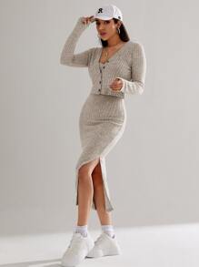 SHEIN EZwear 高衩吊帶洋裝和前紐扣夾克 - 卡其色 - 查看 3