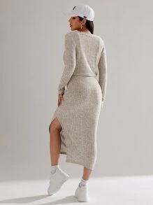 SHEIN EZwear 高衩吊帶洋裝和前紐扣夾克 - 卡其色 - 查看 4