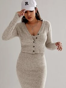 SHEIN EZwear 高衩吊帶洋裝和前紐扣夾克 - 卡其色 - 查看 5