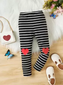 SHEIN 少女條紋與愛心印花打底褲