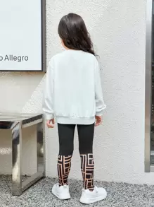 SHEIN Young Girl Bear Print Drop Shoulder Pullover & Leggings - Multicolor - View 2