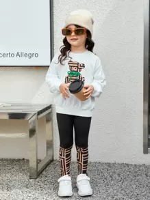 SHEIN Young Girl Bear Print Drop Shoulder Pullover & Leggings - Multicolor - View 4