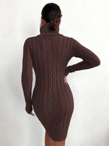 SHEIN Privé High Neck Cable Knit Bodycon Jumper Dress - Coffee Brown - View 2