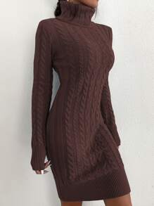 SHEIN Privé High Neck Cable Knit Bodycon Jumper Dress - Coffee Brown - View 3