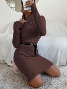 SHEIN Privé High Neck Cable Knit Bodycon Jumper Dress - Coffee Brown - View 6