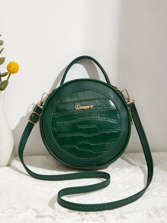 迷你鱷魚壓紋字母裝飾圓形包