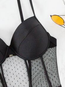 Contrast Mesh Push Up One Piece Swimsuit - Black - View 7