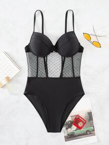 Contrast Mesh Push Up One Piece Swimsuit - Black - View 8
