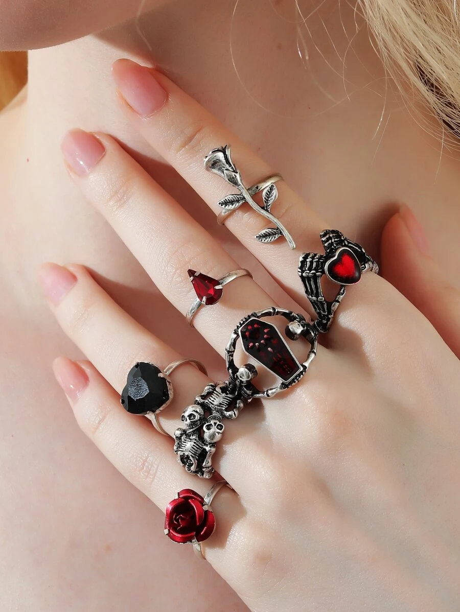7pcs/Set Gothic Style Skull, Rose & Heart Shaped Ring Set For Halloween Valentines - Multicolor - View 1