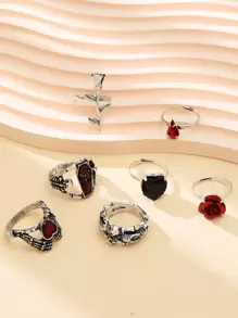 7pcs/Set Gothic Style Skull, Rose & Heart Shaped Ring Set For Halloween Valentines - Multicolor - View 2