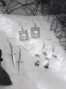 3對玫瑰和劍耳墜 - 復古銀色 - 查看 1