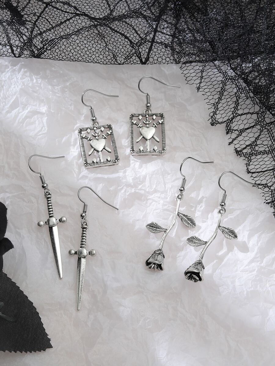 3對玫瑰和劍耳墜 - 復古銀色 - 查看 1