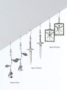 3對玫瑰和劍耳墜 - 復古銀色 - 查看 3