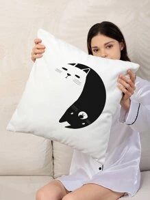 Cat Print Cushion Cover Without Filler - Black and White - View 1