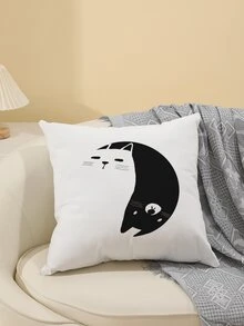 Cat Print Cushion Cover Without Filler - Black and White - View 2