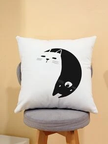 Cat Print Cushion Cover Without Filler - Black and White - View 3